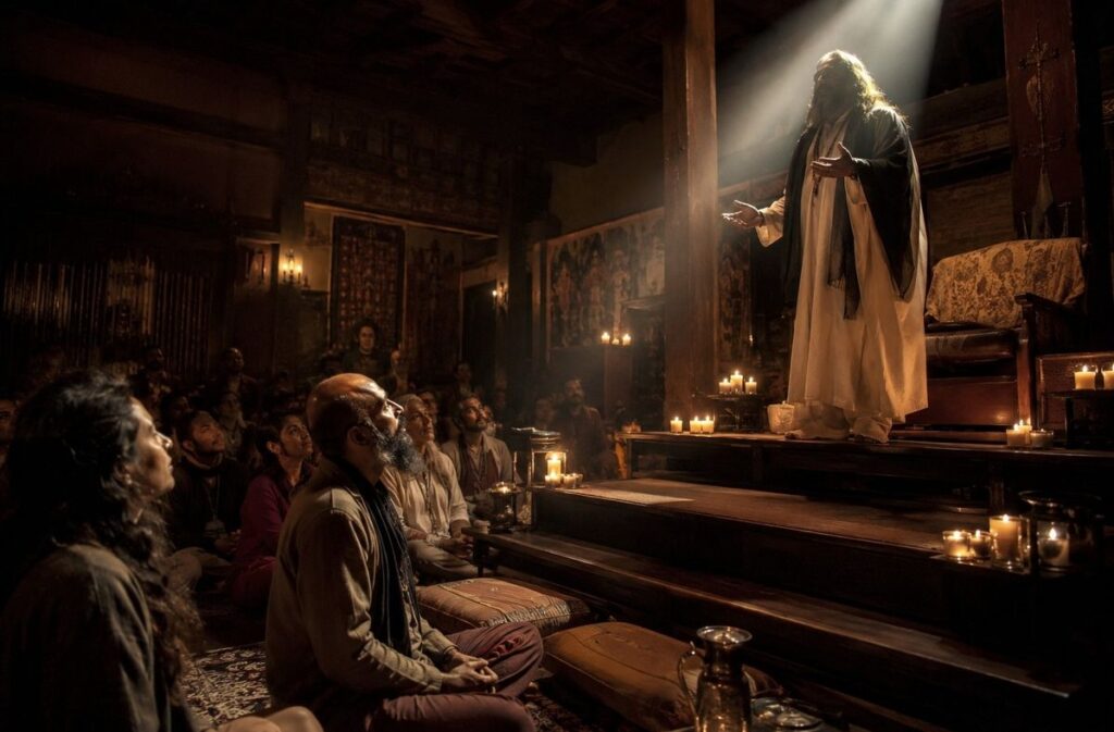 Charismatic figure on a raised platform with followers seated below in dim candlelight