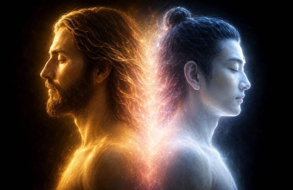 Two luminous profiles back to back emanating golden and serene light merging into one field