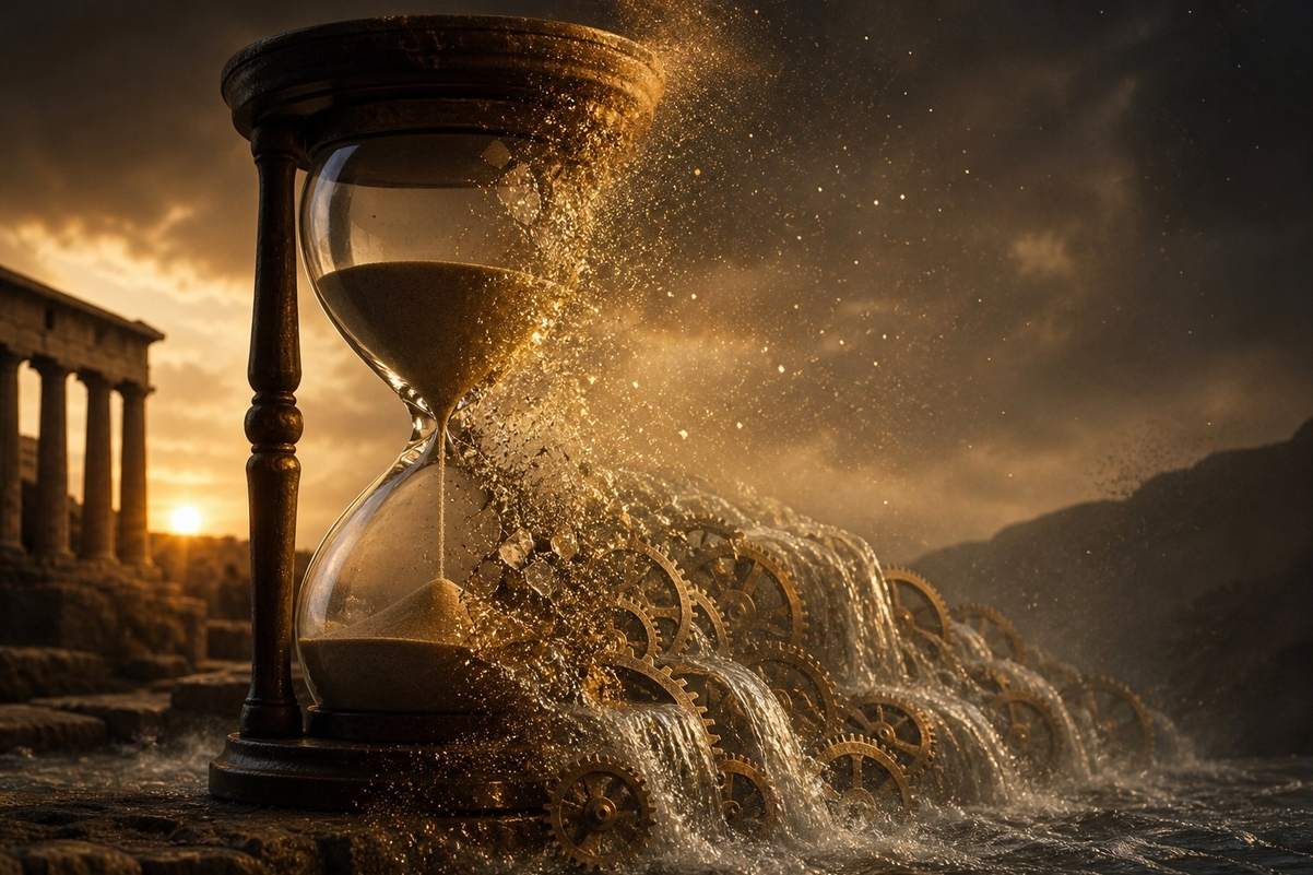 An ancient Greek hourglass dissolving into golden light, with clock gears transforming into flowing water, representing the shift from chronos to kairos