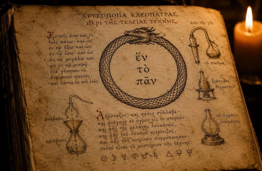 Medieval manuscript page showing Cleopatra's ouroboros with Greek inscription