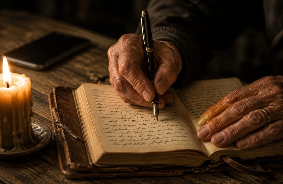 Hands writing in leather journal beside candle and disconnected smartphone