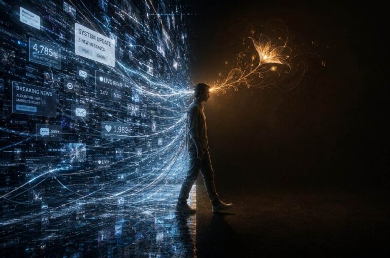 Solitary figure walking from chaotic digital storm into silent darkness with bioluminescent thought-bloom