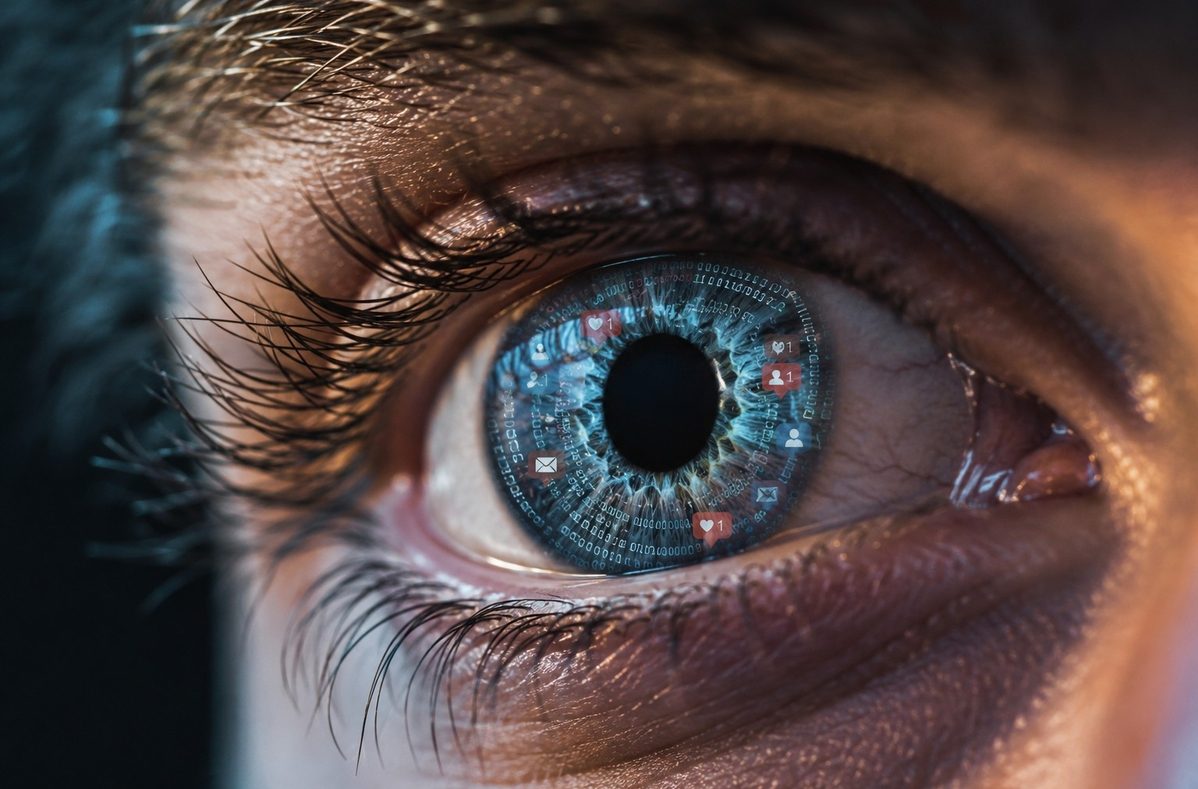 Human eye reflecting swirling digital code and algorithmic patterns