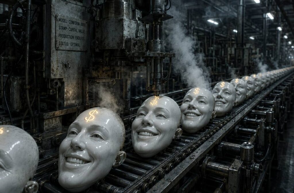 A conveyor belt of identical smiling faces stamped with dollar signs by a machine, representing the industrial production of commodified hope.