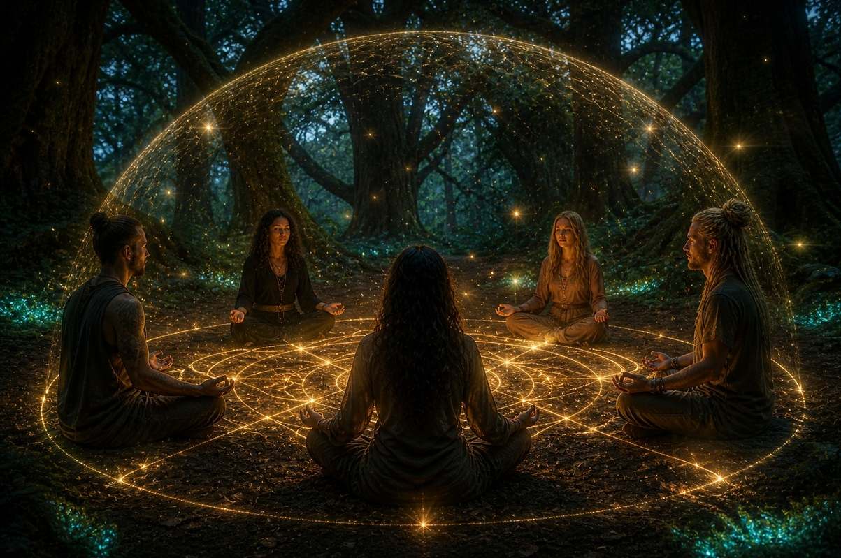 Five practitioners in circle connected by golden light threads forming protective mandala
