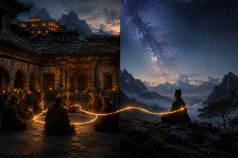 Split composition monastery courtyard and lone wilderness meditator connected by golden thread