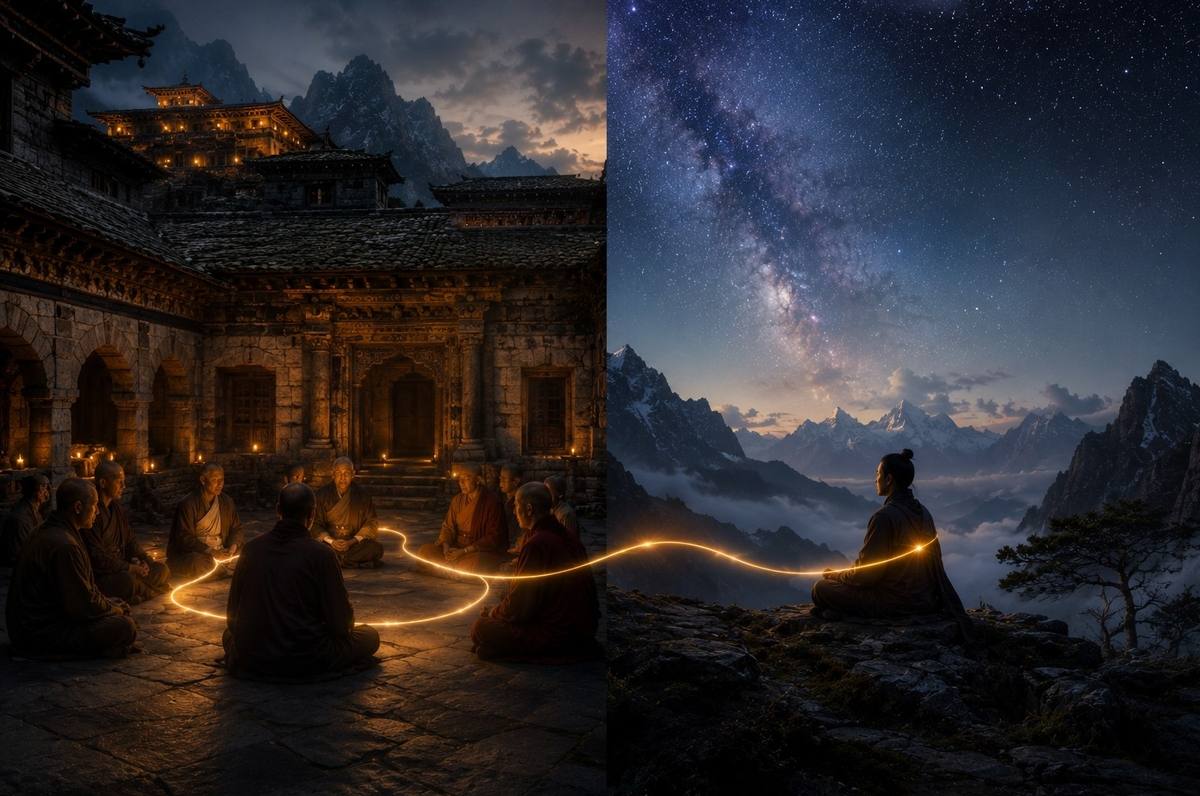 Split composition monastery courtyard and lone wilderness meditator connected by golden thread
