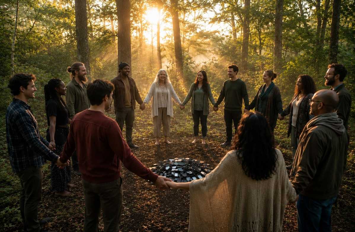 Circle of people holding hands in forest clearing with smartphones discarded in centre
