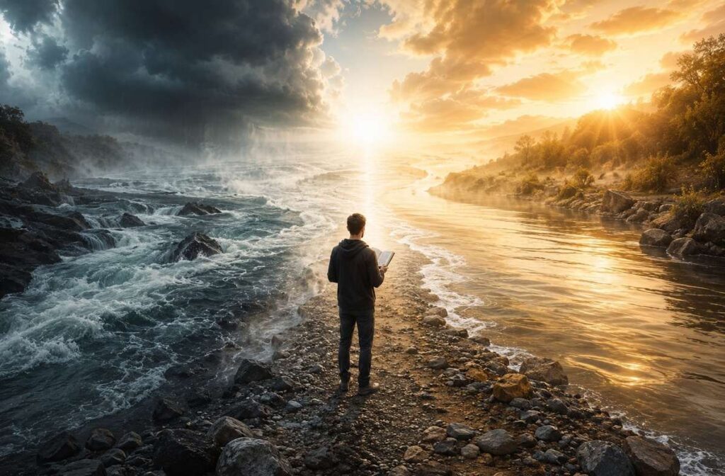 Modern seeker standing at confluence of two rivers, one dark and turbulent, one calm and golden, both flowing into same luminous ocean