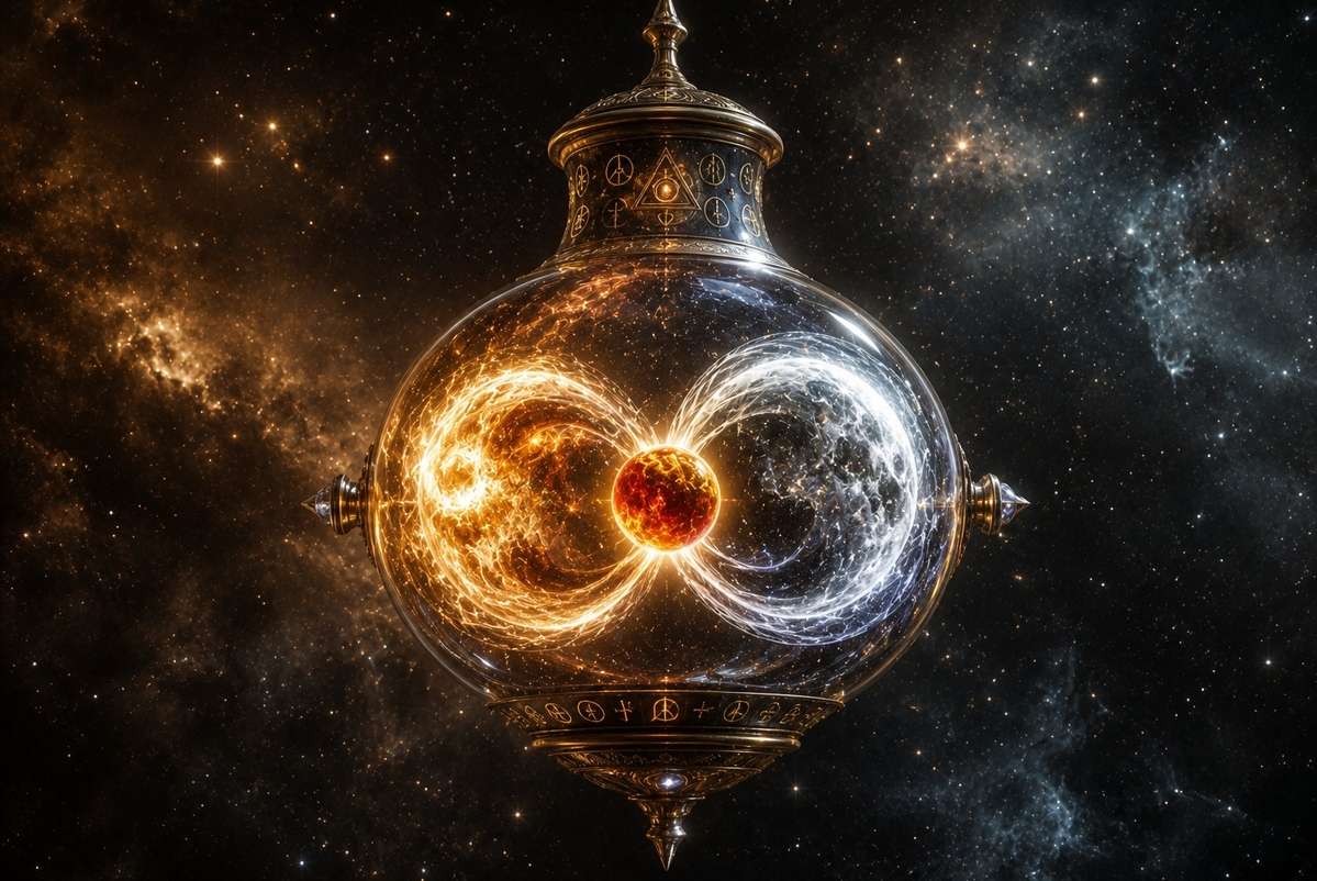 Alchemical illustration of Sol and Luna merging in a celestial vessel, producing the lapis philosophorum
