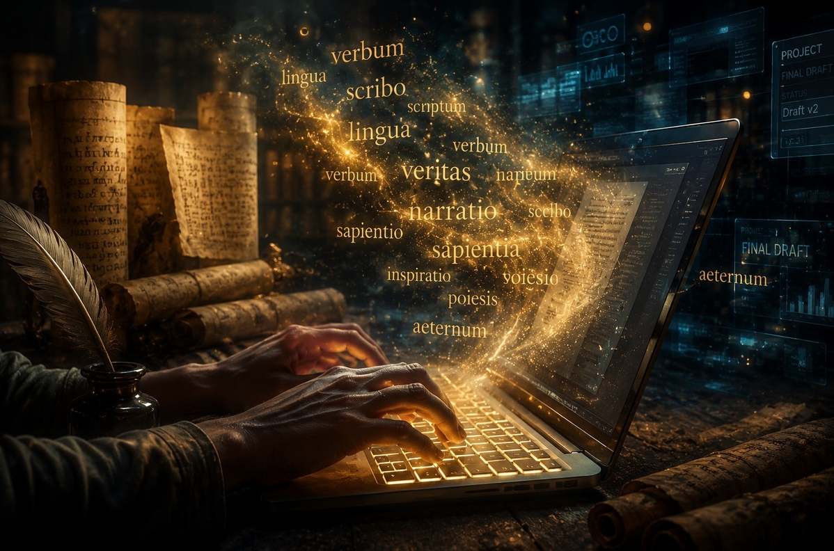 A contemporary writer's hands hovering over a glowing keyboard with golden words materialising in the air above the screen
