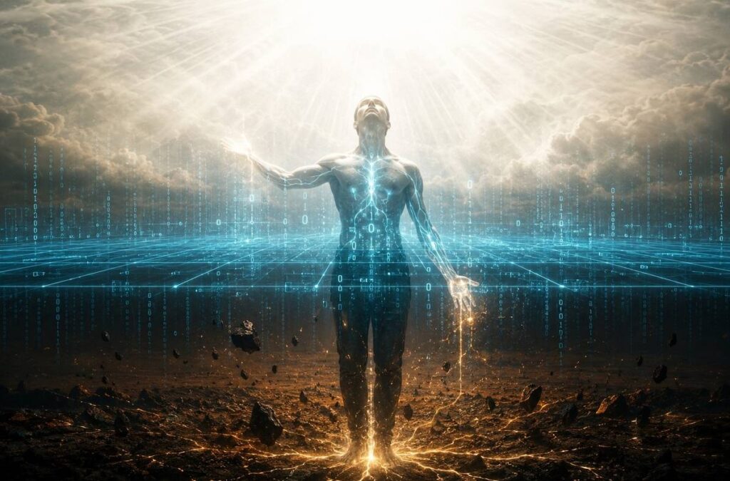 A human figure at the intersection of physical world digital code and pure light