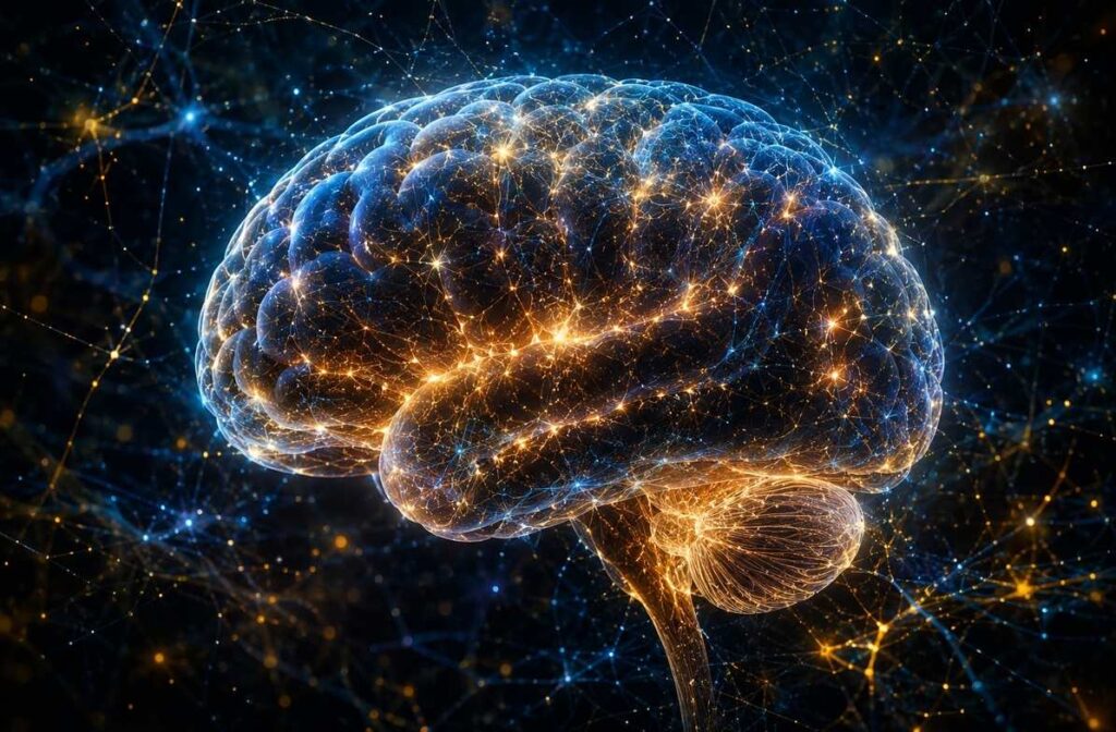 Human brain with glowing neural pathways in blue and gold, illustrating the Principle of Mentalism and consciousness as primary reality
