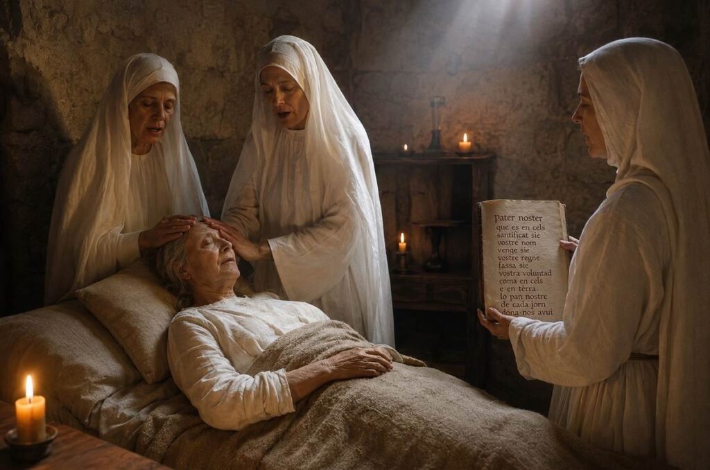Two perfectae administering the consolamentum to a dying woman in a candlelit stone room
