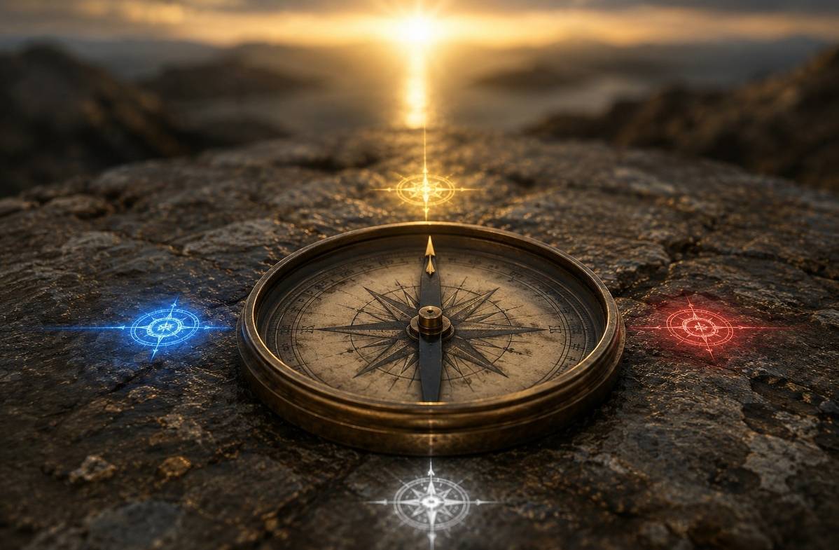 An antique brass compass resting on weathered stone with four directional markers representing the varieties of ego dissolution