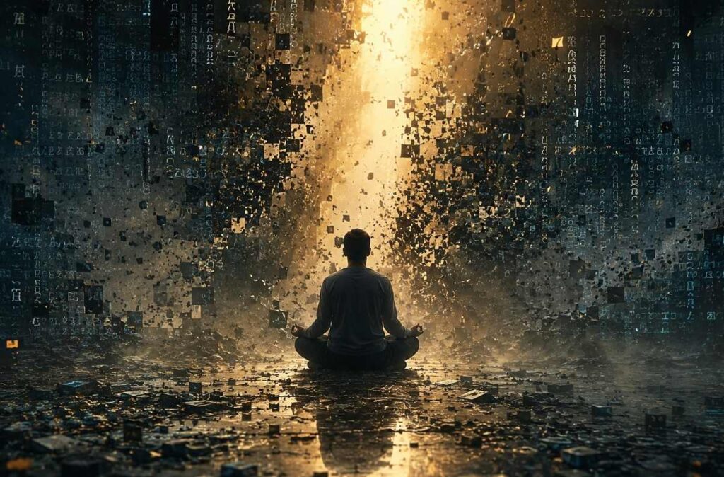 Contemplative figure meditating as digital reality fragments dissolve around them