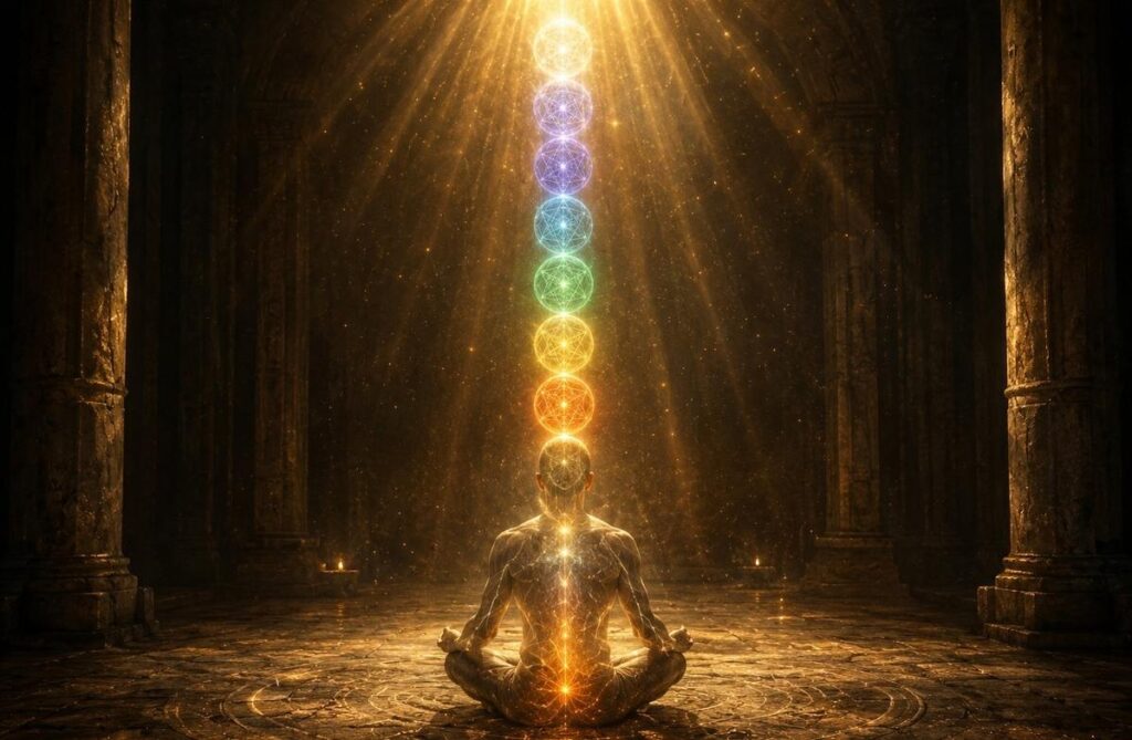 Contemplative figure seated in meditation with golden light cascading from above through geometric spheres representing the levels of emanation