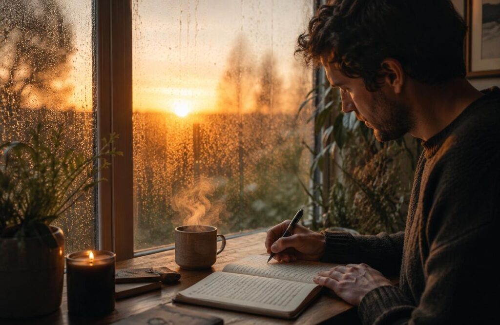 Person journaling by window at sunrise after mystical experience