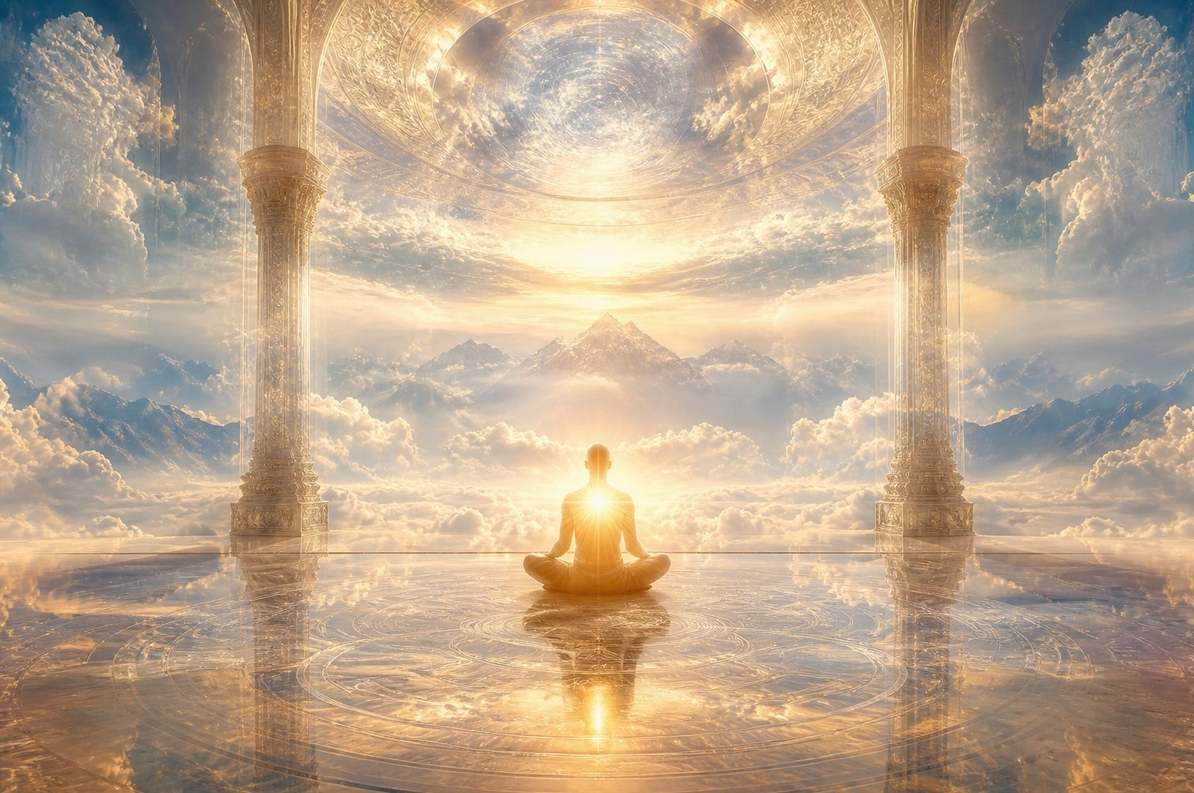 Practitioner in wide-open awareness with expanded perceptual field visible as radiance