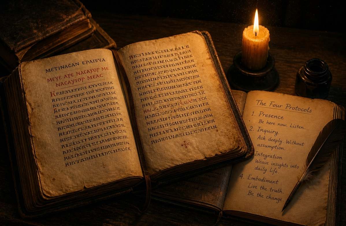 Ancient Thomasine manuscript open beside journal and candle with hand writing notes