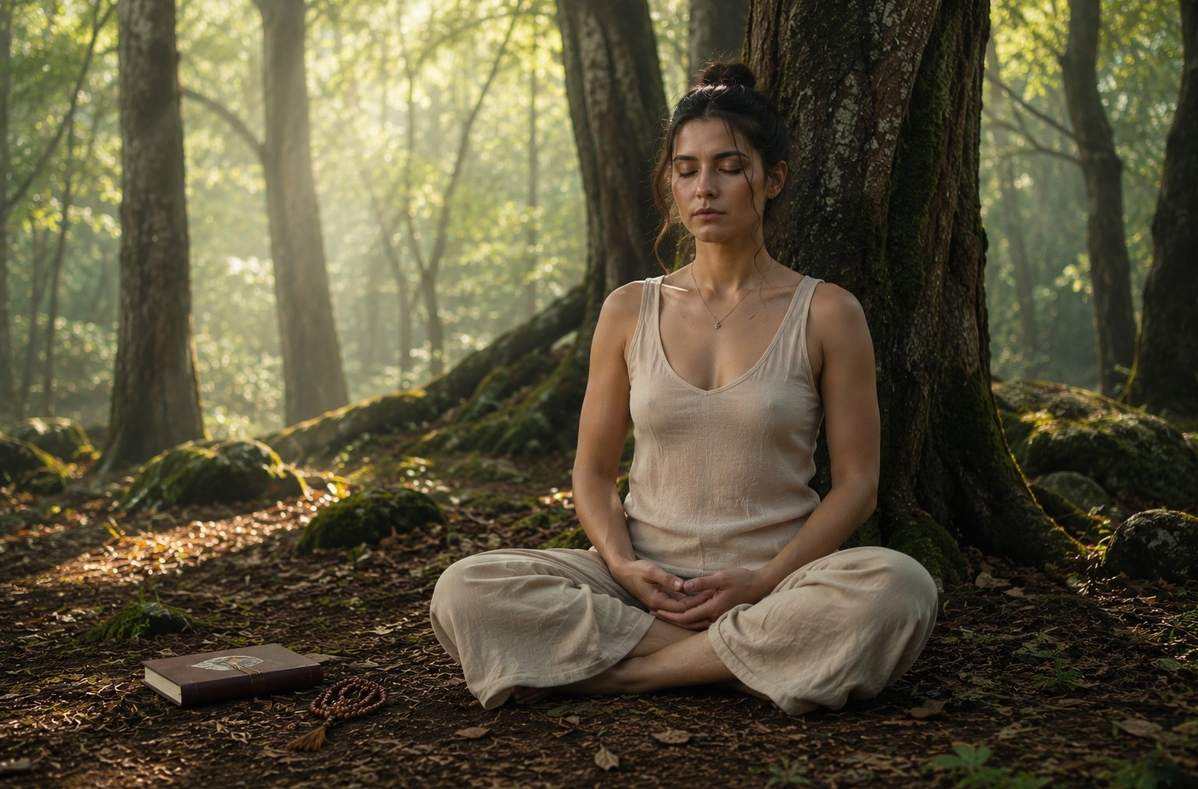 Person meditating in a forest setting disconnected from technology with morning light and an analog journal