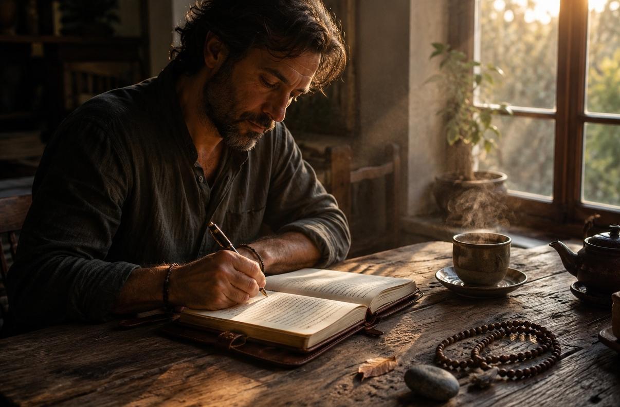 Person journaling at dawn with tea, surrounded by contemplative objects