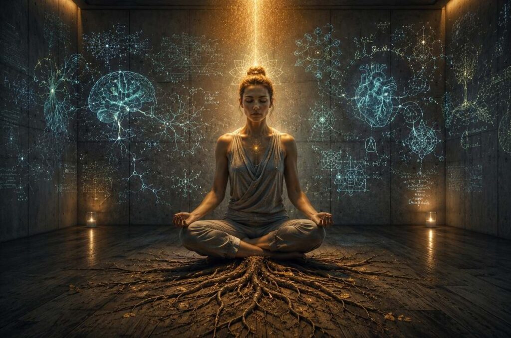 A modern meditator in a concrete space with bioluminescent neural patterns and golden descending light.
