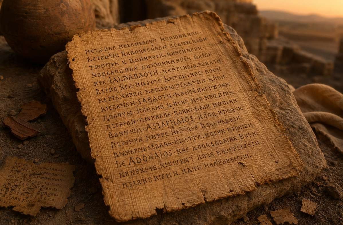 Ancient Coptic codex page showing Gnostic archon names resting on desert stone at twilight