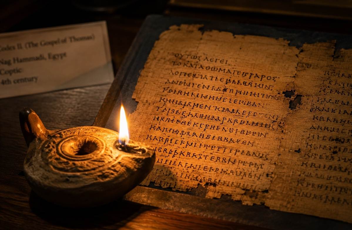 Close-up of a clay oil lamp illuminating Coptic papyrus from Nag Hammadi Codex II