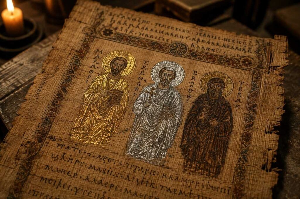 Ancient Coptic manuscript showing three illuminated figures in gold, silver, and earth pigments