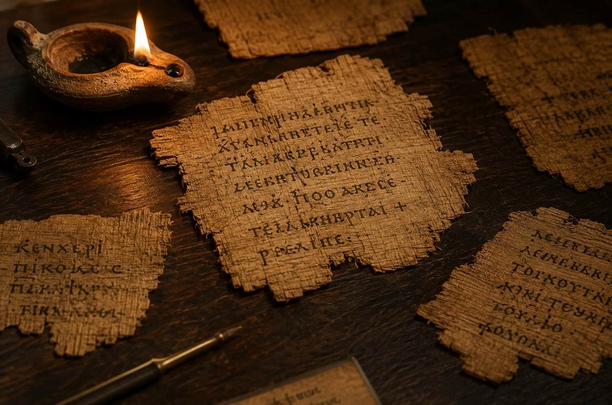 Close-up of ancient Coptic papyrus fragments under warm lamplight