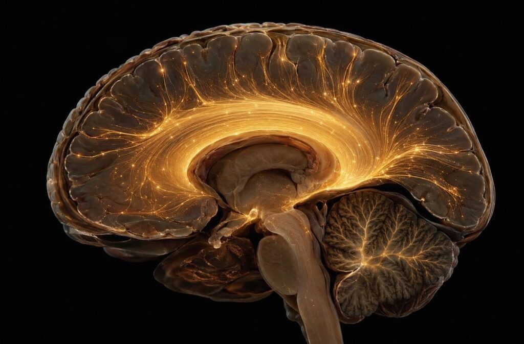 Cross-section of human brain showing corpus callosum as luminous golden bridge connecting hemispheres