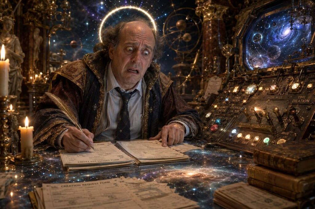 Cosmic bureaucrat demiurge figure sitting at a desk made of stars, filling out triplicate forms with a quill, confused at a celestial control panel