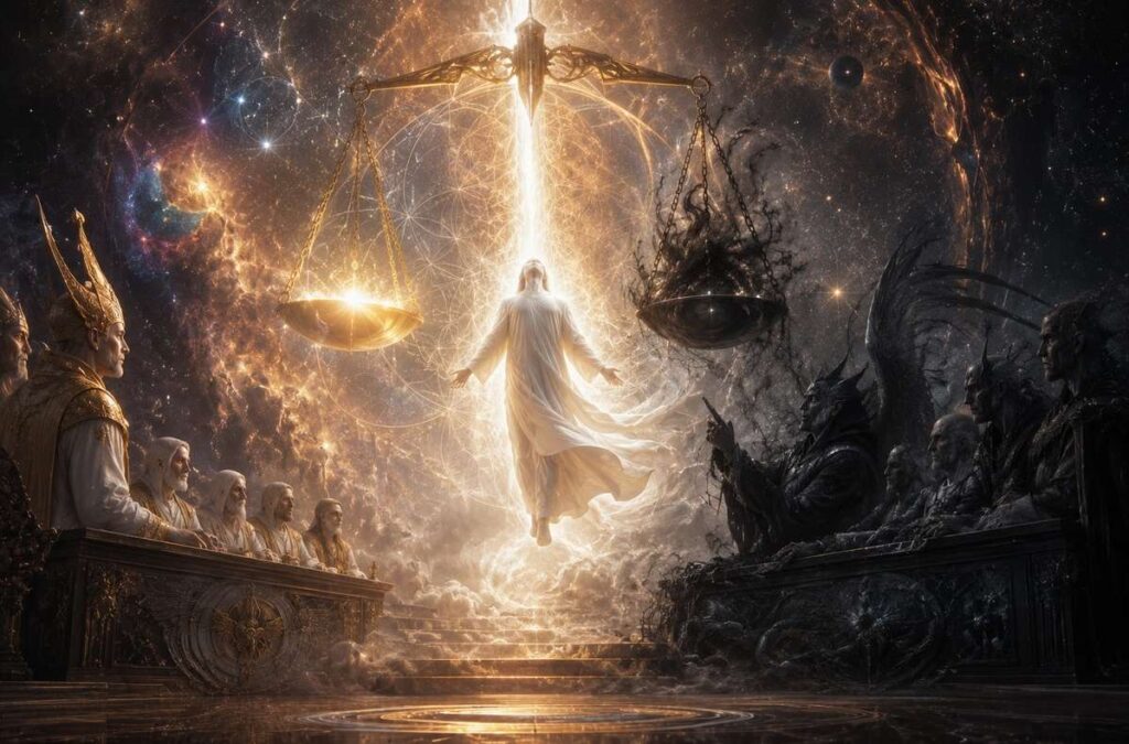 Ascending soul in luminous white robes confronting shadowy archonic judges in cosmic courtroom, golden scales tipped toward light