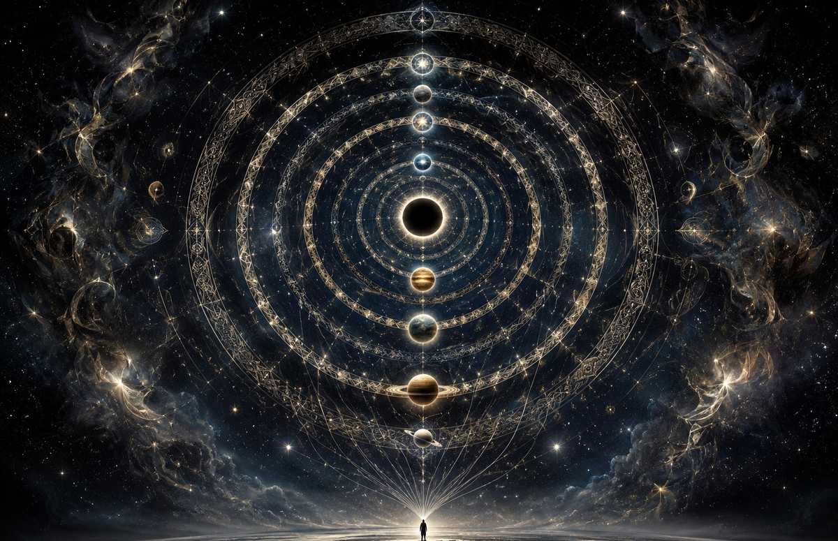 An immense cosmic tapestry with seven nested planetary rings around a dark sun