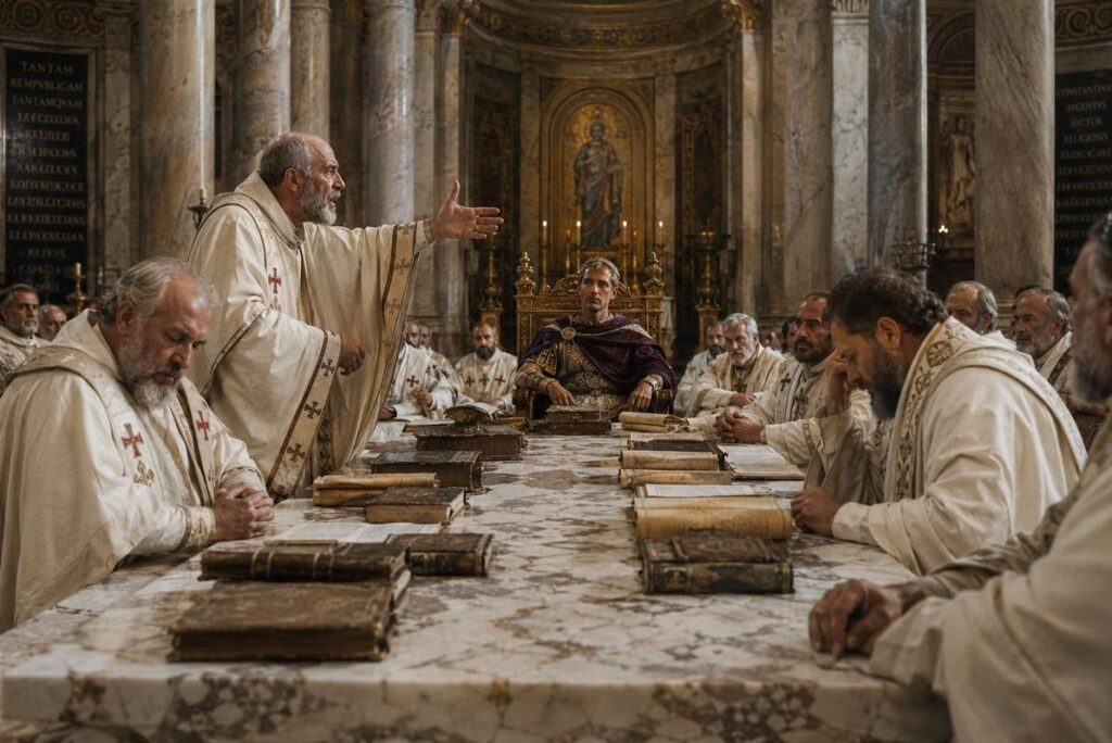 Fourth-century Roman assembly with bishops debating and Emperor Constantine presiding