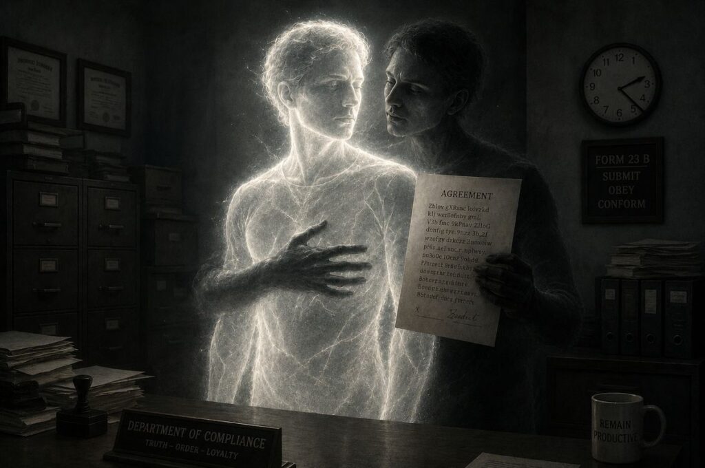 Human figure wrapped in shadowy mimic with identical face and contract-like document