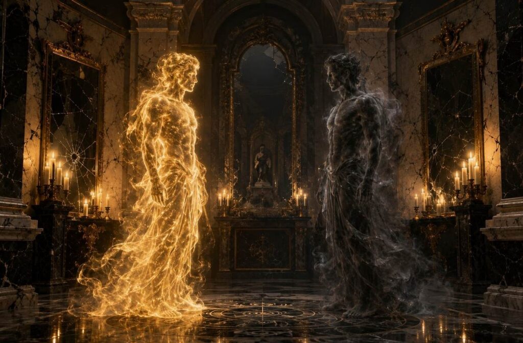 Two mirror-image spirits facing each other, one golden light and one grey mist