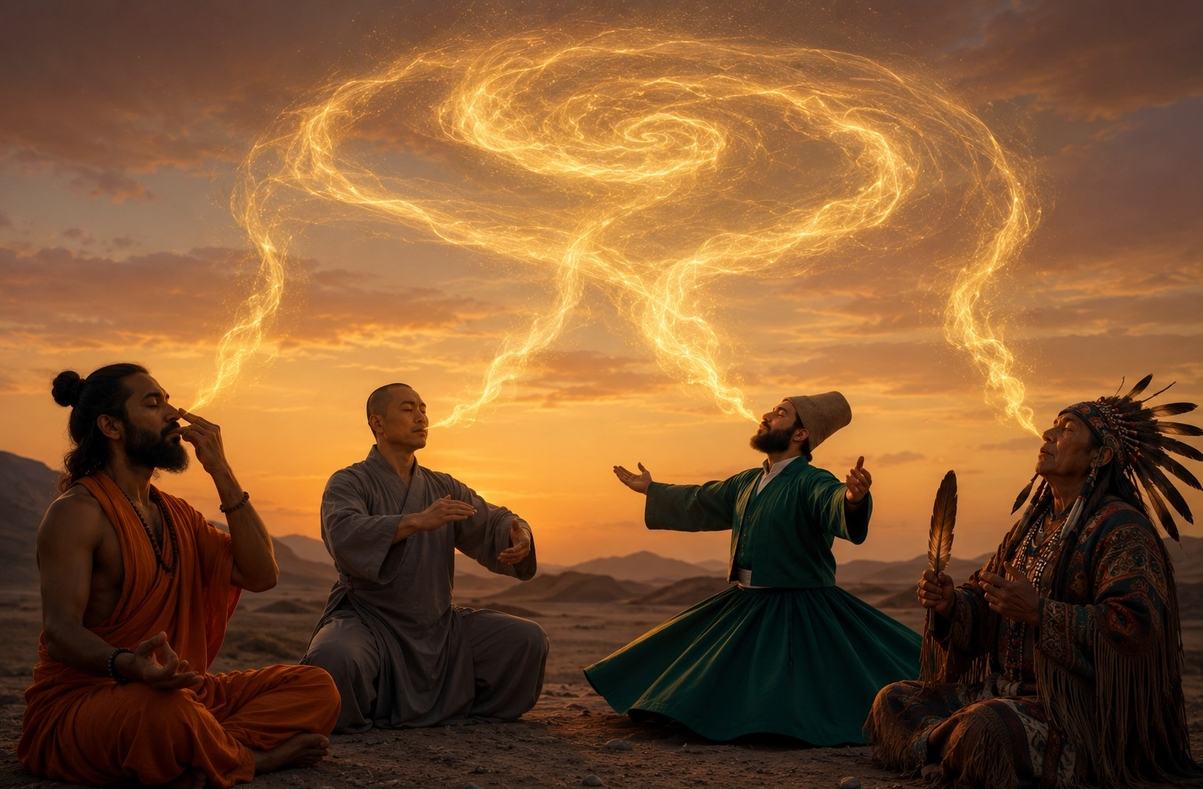 Four practitioners from different traditions breathing in unison, their exhaled breath merging into a single spiral of light