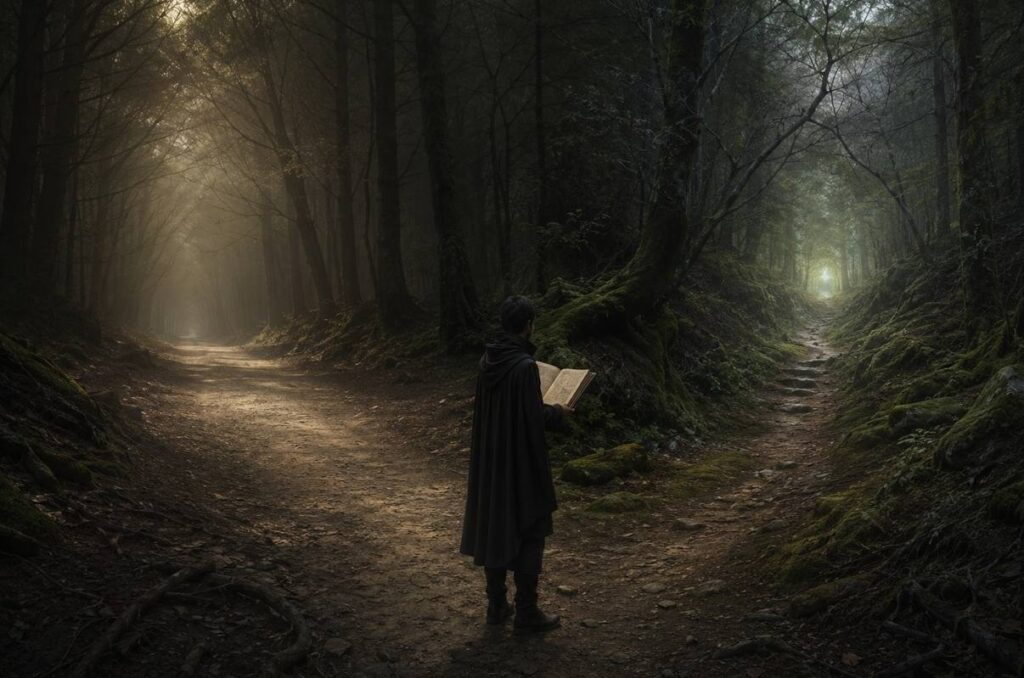 Person standing at a crossroads in a misty forest with two paths diverging
