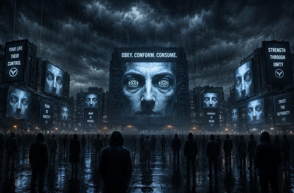 A crowd under a dark sky illuminated by propaganda screens and puppet strings, representing how fear is used to control populations on a mass scale.