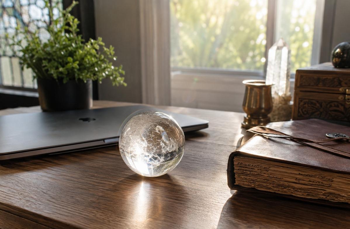 A clear quartz crystal sphere on a modern desk beside a laptop and handwritten grimoire
