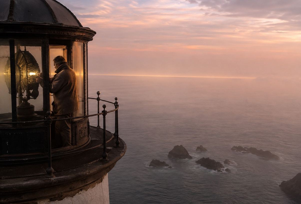 A solitary lighthouse keeper at dawn tending a subtle golden beam across misty waters