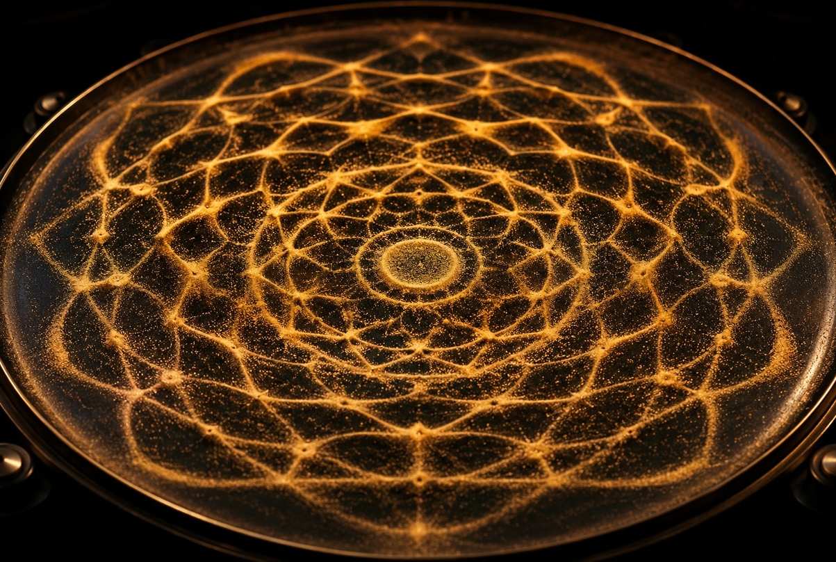A cymatics experiment showing golden sand particles arranged in intricate geometric mandala patterns on a vibrating metal plate