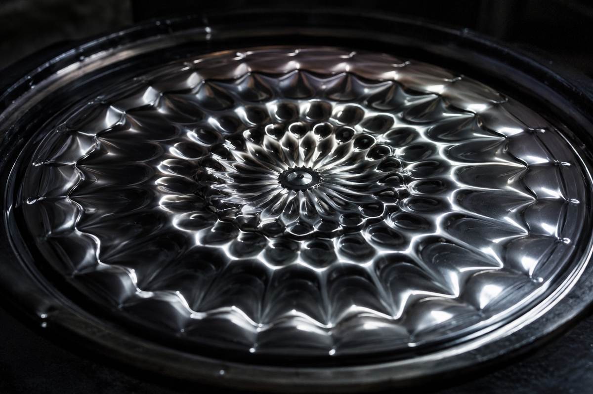 Cymatics pattern showing sacred geometry formed by sound vibration on liquid surface