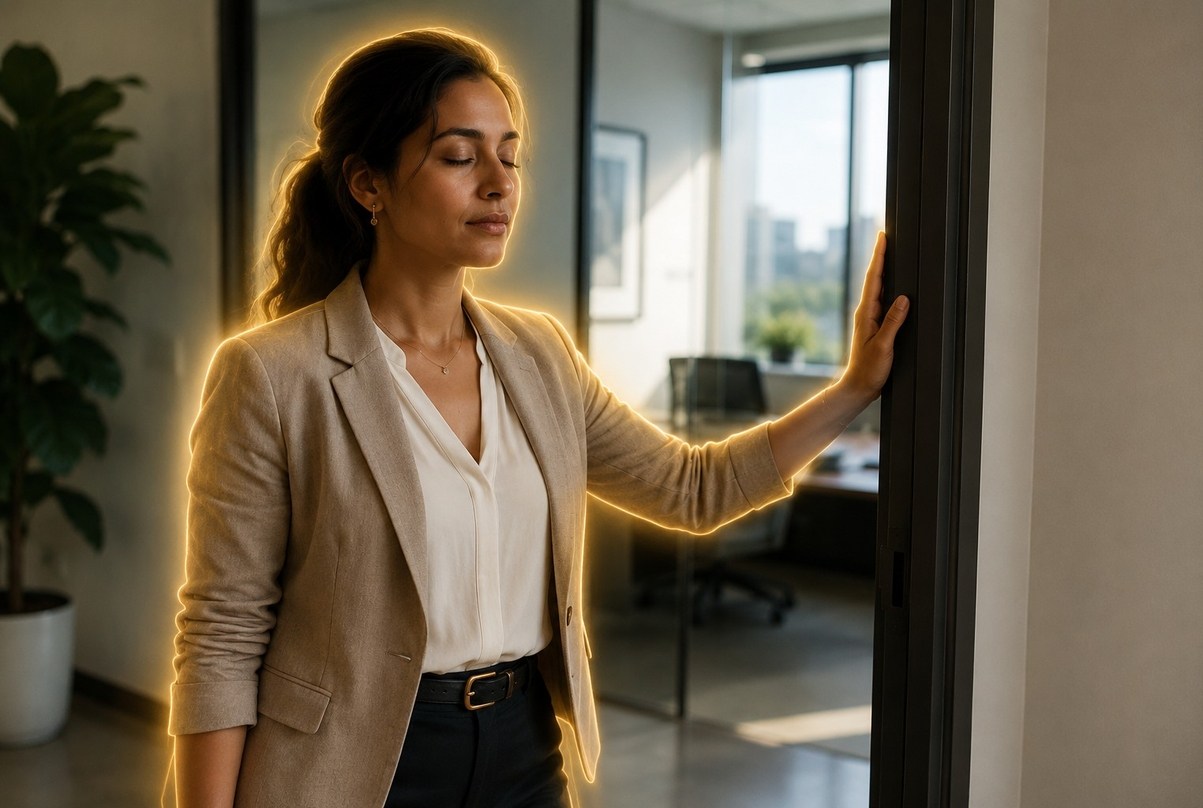 Practitioner pausing at office doorway with hand on frame checking body sensation