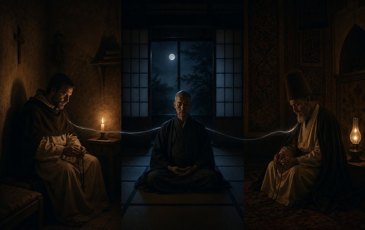 Three contemplatives in darkness across traditions: Carmelite monk, Zen monk, and Sufi dervish
