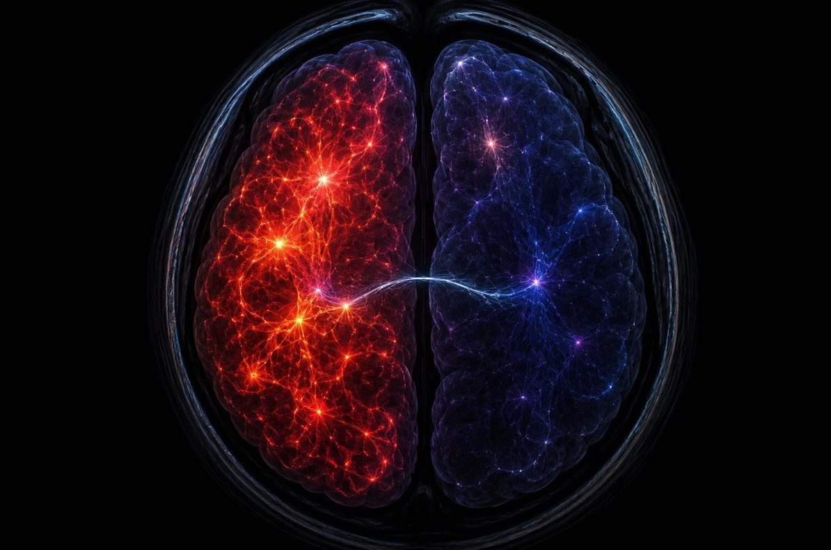 Split-brain visualization showing hyperactive red neural networks versus quiet blue mystical deactivation