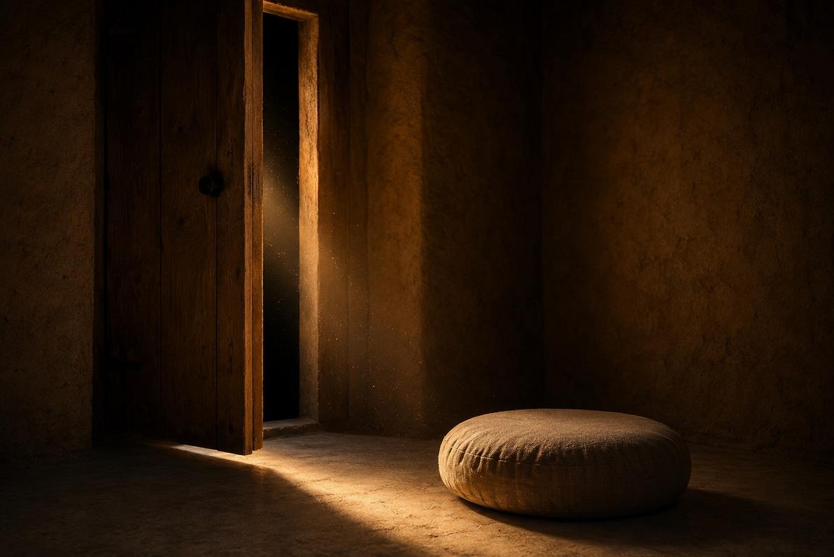 A minimalist dark retreat chamber with smooth earthen walls, a single meditation cushion, and a light-sealed door slightly ajar revealing absolute blackness beyond