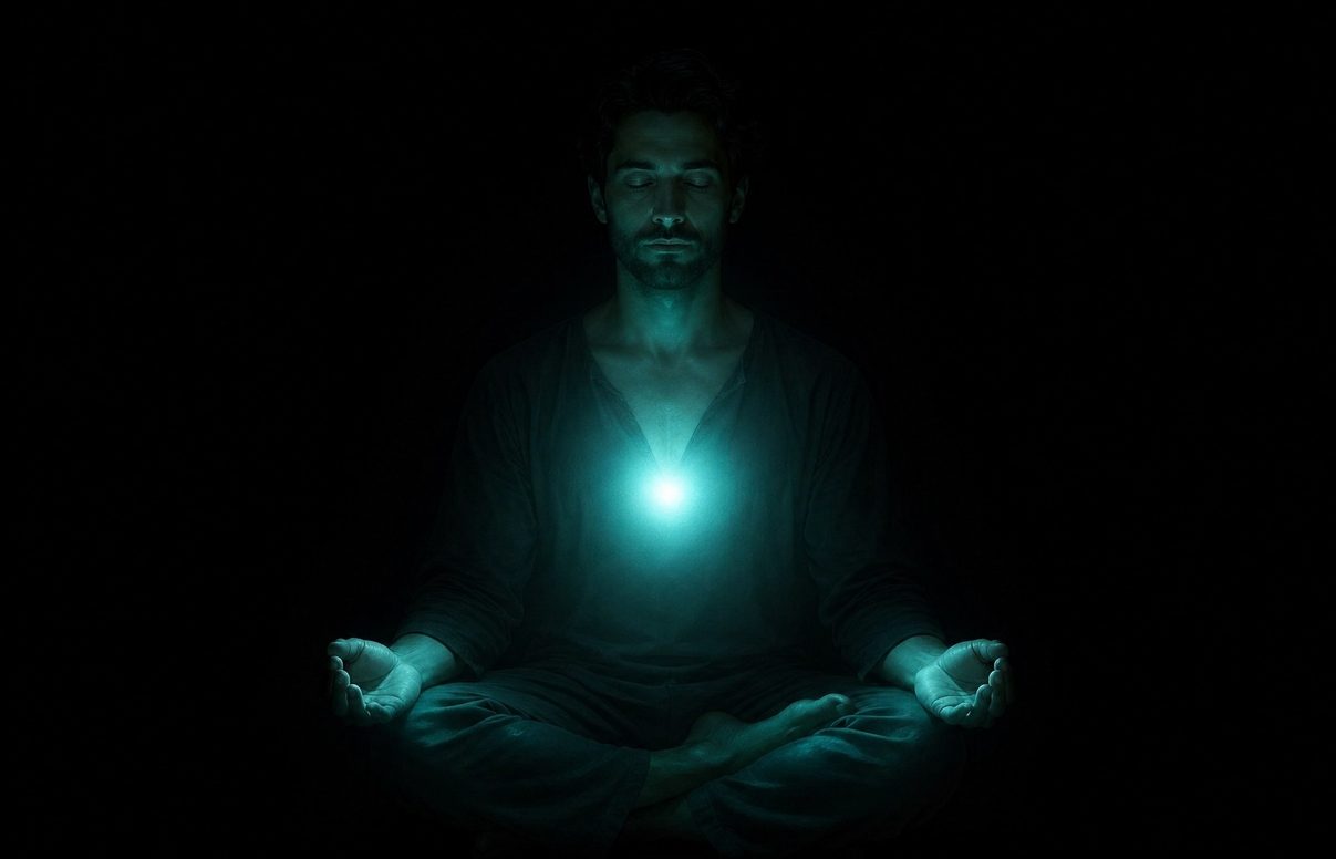 Meditator in absolute darkness with faint bioluminescent blue-green glow emanating from heart centre